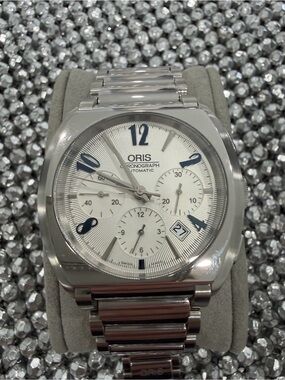 Oris Silver and Blue Automatic Chronograph Wristwatch